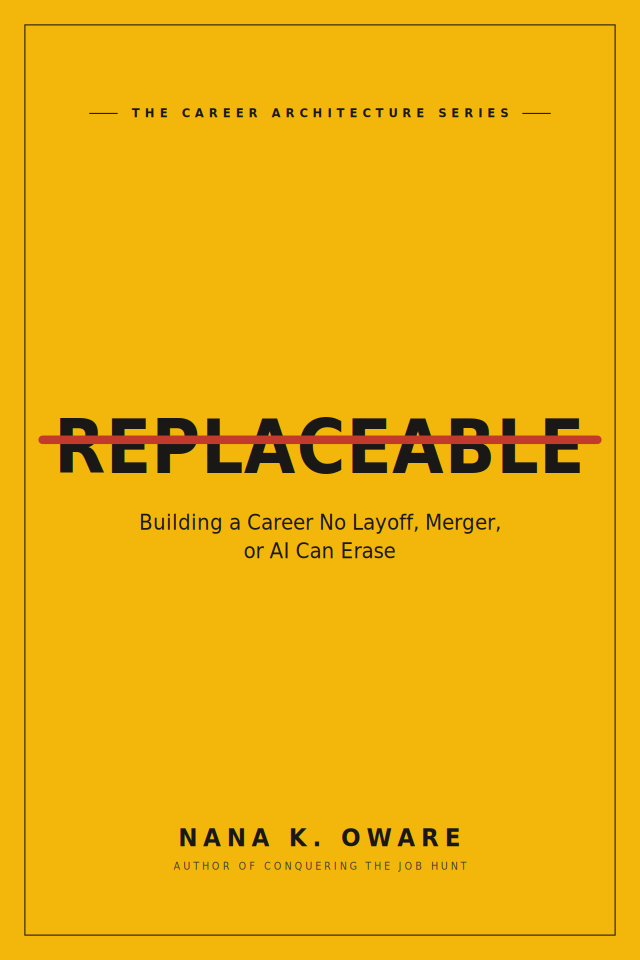 Replaceable book cover: the title struck through in red, subtitle Building a Career No Layoff, Merger, or AI Can Erase